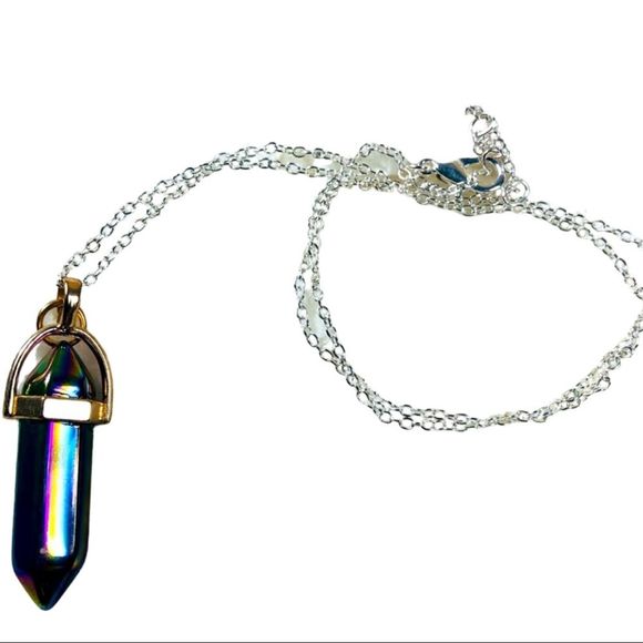 Rainbow titanium aura quartz double hex stone pendant on silver chain - Picture 1 of 3